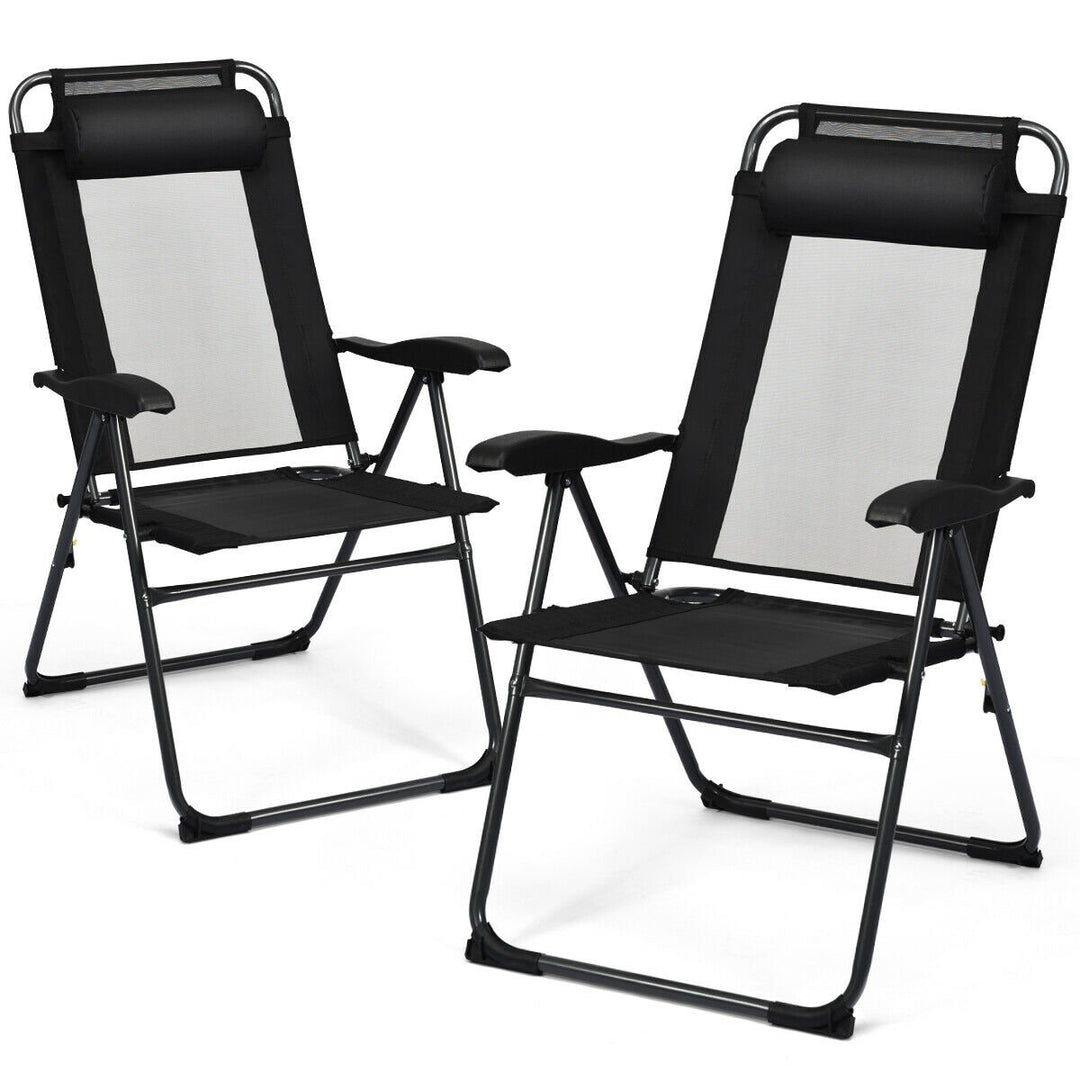 2PC Folding Chairs Adjustable Reclining Chairs with Headrest Patio Garden Black Image 2