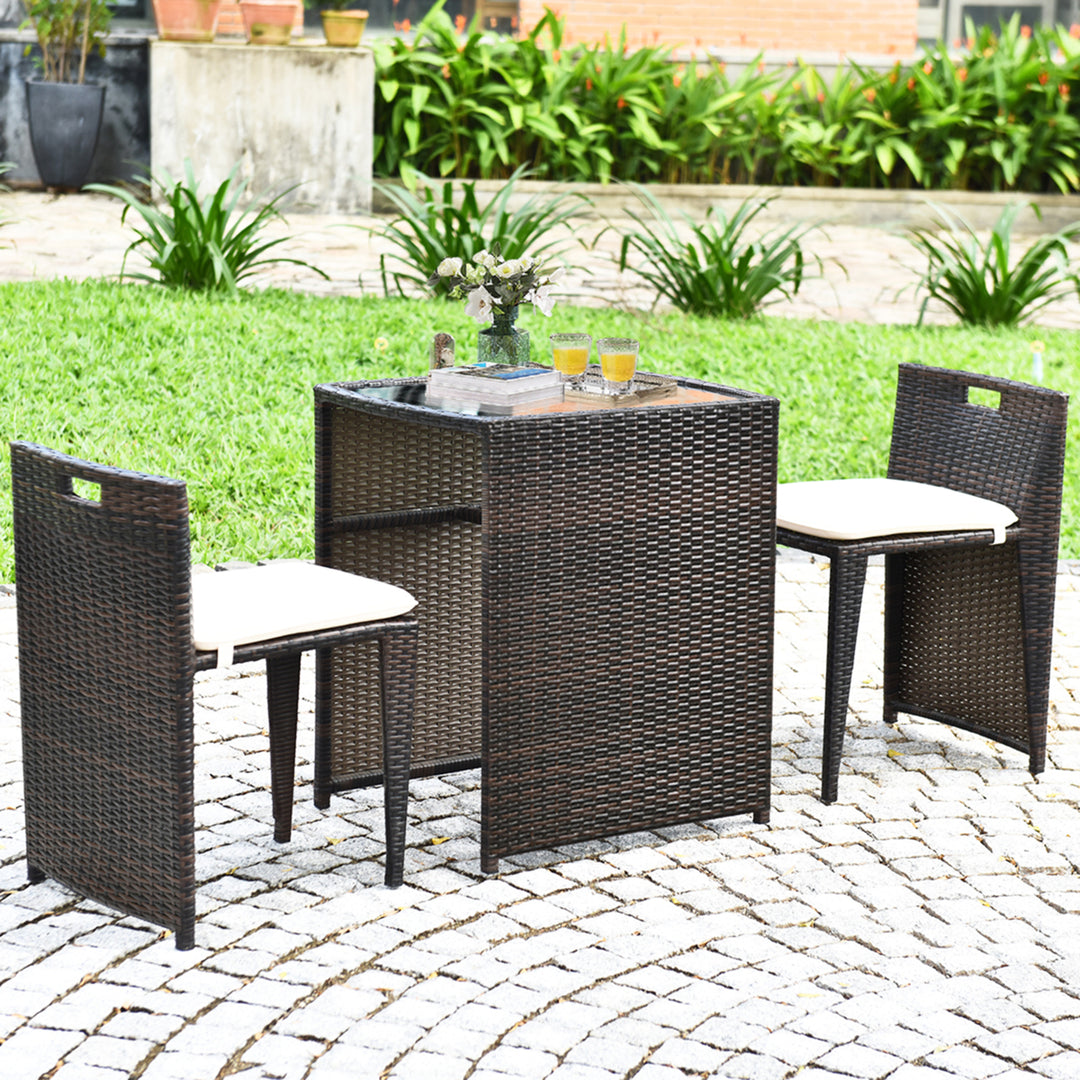 3 PCS Cushioned Wicker Patio Furniture Set Seat Sofa Outdoor No Assembly Brown Image 1