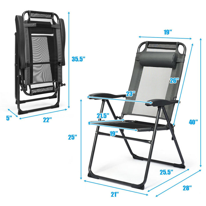 2PC Folding Chairs Adjustable Reclining Chairs with Headrest Patio Garden Grey Image 3