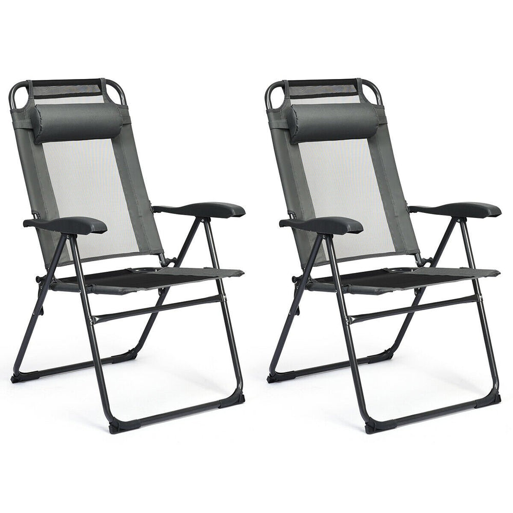 2PC Folding Chairs Adjustable Reclining Chairs with Headrest Patio Garden Grey Image 2