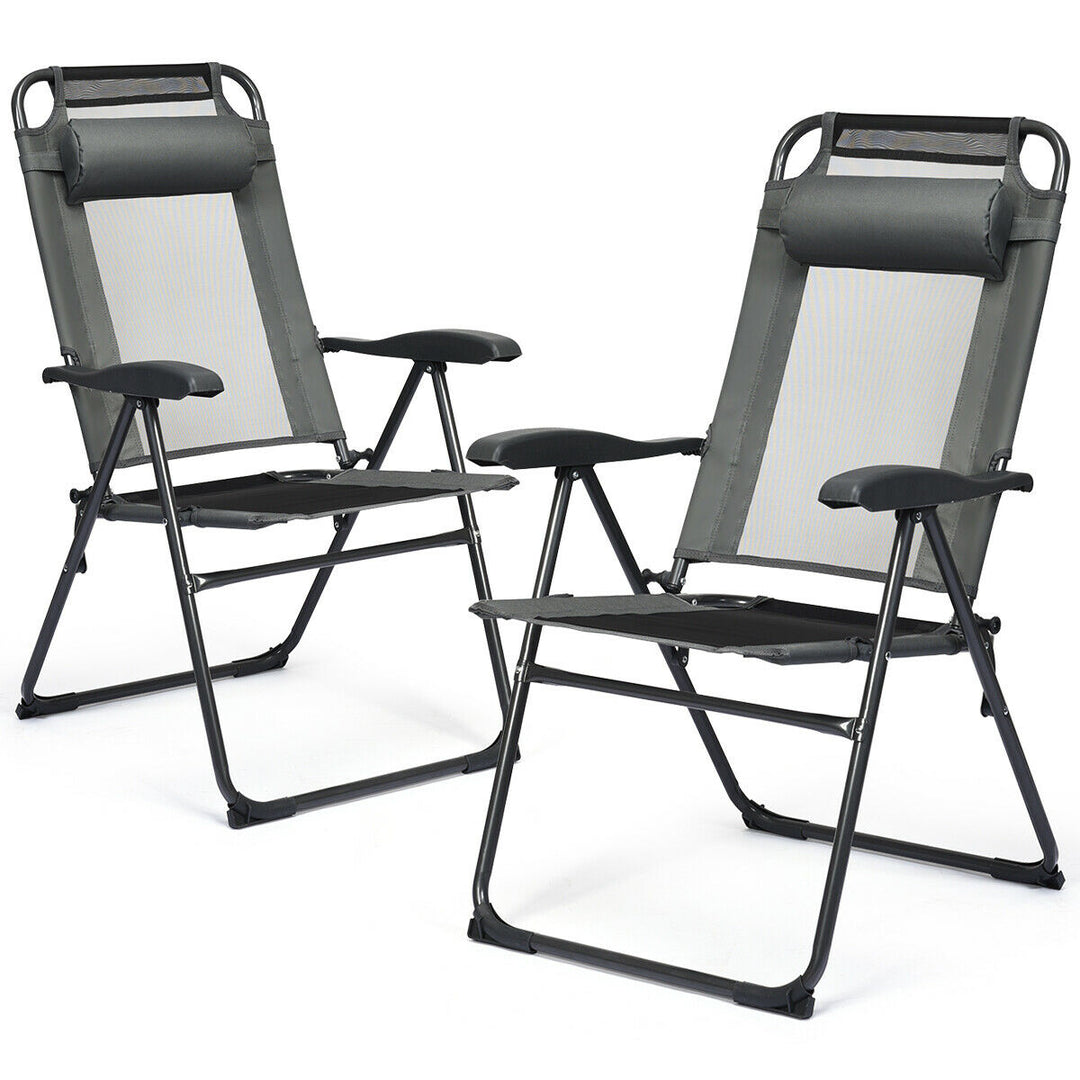 2PC Folding Chairs Adjustable Reclining Chairs with Headrest Patio Garden Grey Image 5