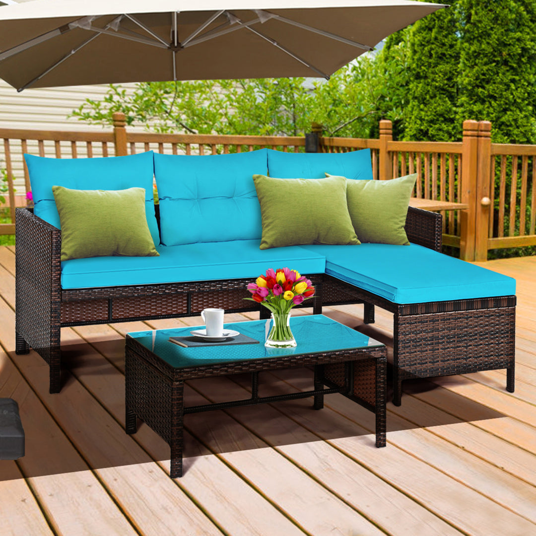 3PCS Outdoor Rattan Furniture Set Patio Couch Sofa Set w/ Turquoise Cushion Image 1