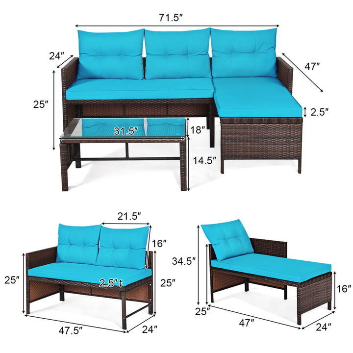 3PCS Outdoor Rattan Furniture Set Patio Couch Sofa Set w/ Turquoise Cushion Image 3