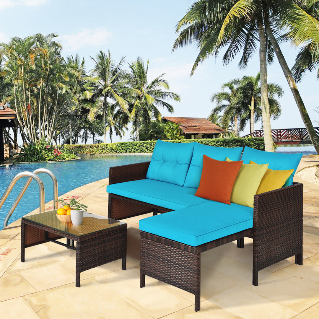 3PCS Outdoor Rattan Furniture Set Patio Couch Sofa Set w/ Turquoise Cushion Image 5