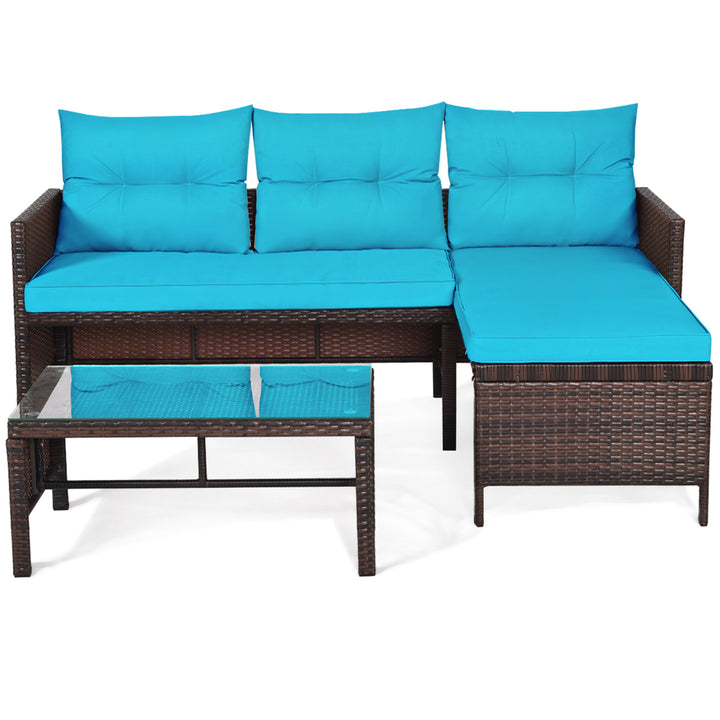 3PCS Outdoor Rattan Furniture Set Patio Couch Sofa Set w/ Turquoise Cushion Image 4