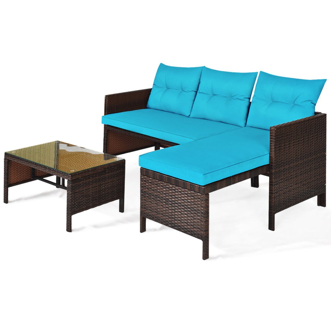 3PCS Outdoor Rattan Furniture Set Patio Couch Sofa Set w/ Turquoise Cushion Image 2