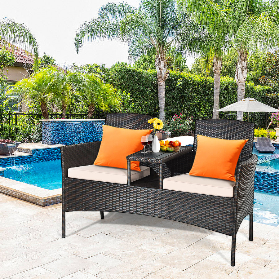 Patented Cushioned Rattan Wicker Patio Conversation Set w/ Loveseat Table Brown Image 1