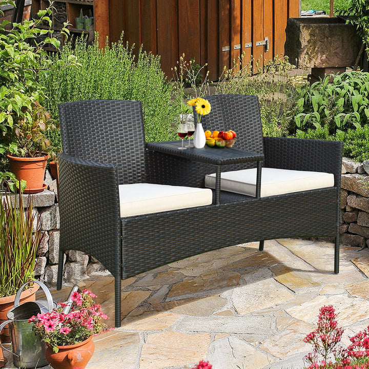 Patented Cushioned Rattan Wicker Patio Conversation Set w/ Loveseat Table Brown Image 4