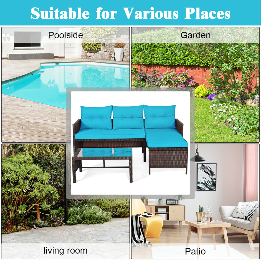 3PCS Outdoor Rattan Furniture Set Patio Couch Sofa Set w/ Turquoise Cushion Image 6