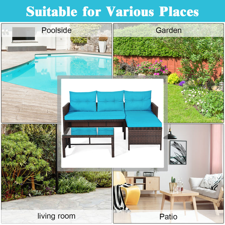 3PCS Outdoor Rattan Furniture Set Patio Couch Sofa Set w/ Turquoise Cushion Image 6