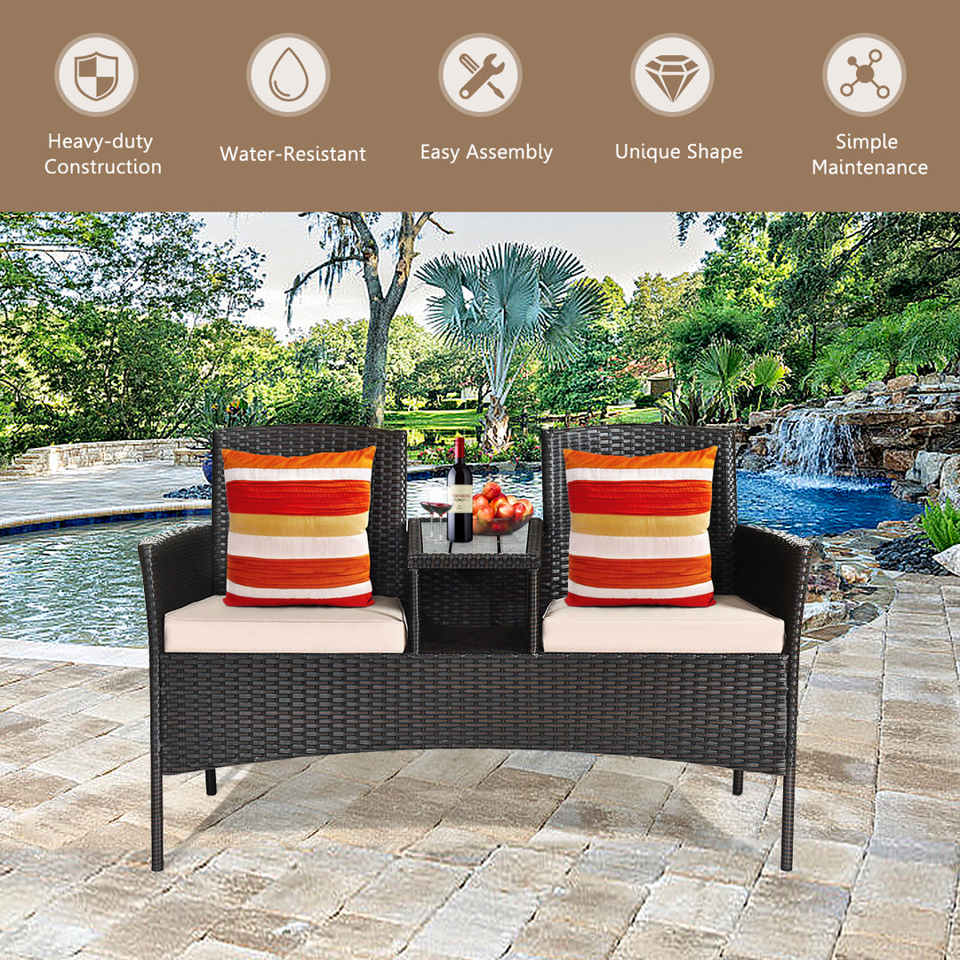 Patented Cushioned Rattan Wicker Patio Conversation Set w/ Loveseat Table Brown Image 9