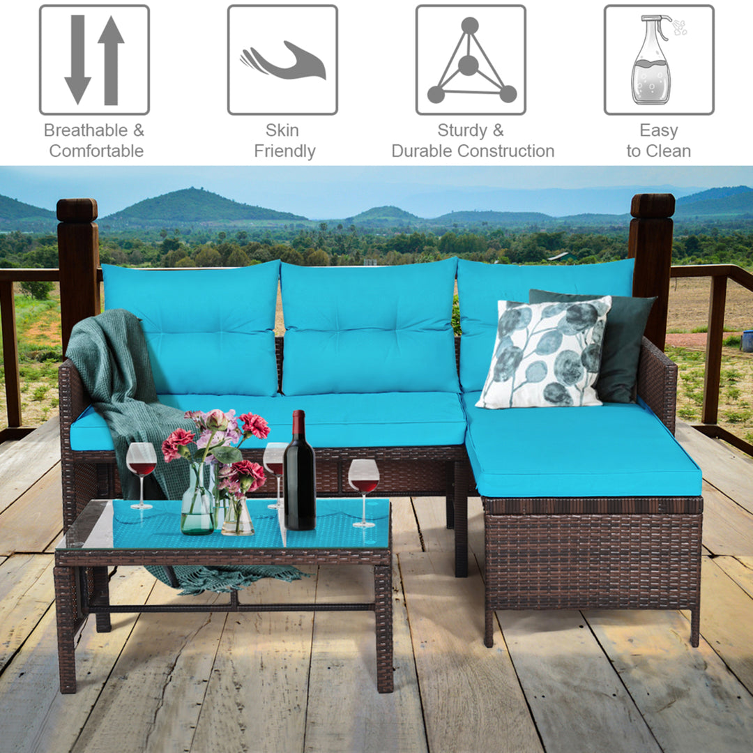 3PCS Outdoor Rattan Furniture Set Patio Couch Sofa Set w/ Turquoise Cushion Image 7