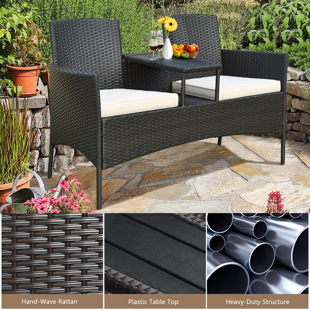 Patented Cushioned Rattan Wicker Patio Conversation Set w/ Loveseat Table Brown Image 5