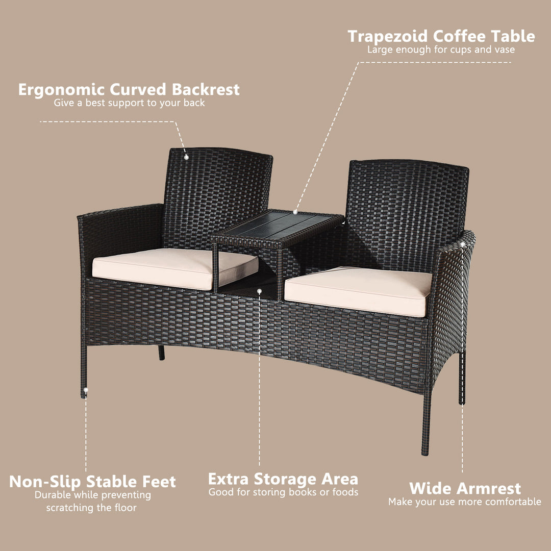 Patented Cushioned Rattan Wicker Patio Conversation Set w/ Loveseat Table Brown Image 6