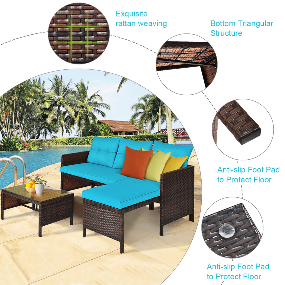 3PCS Outdoor Rattan Furniture Set Patio Couch Sofa Set w/ Turquoise Cushion Image 9