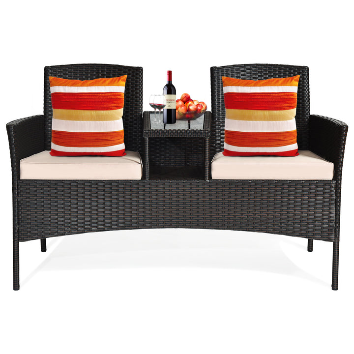 Patented Cushioned Rattan Wicker Patio Conversation Set w/ Loveseat Table Brown Image 7