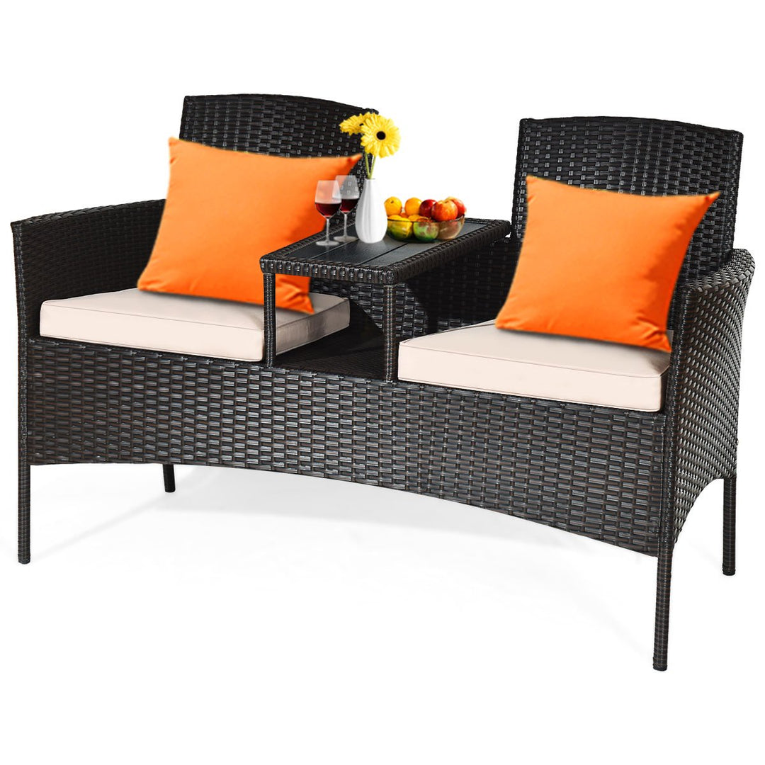 Patented Cushioned Rattan Wicker Patio Conversation Set w/ Loveseat Table Brown Image 8