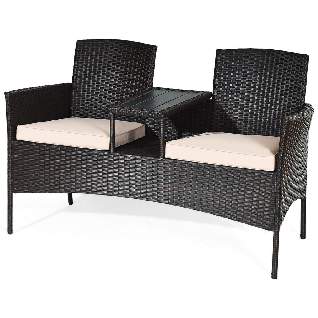 Patented Cushioned Rattan Wicker Patio Conversation Set w/ Loveseat Table Brown Image 2