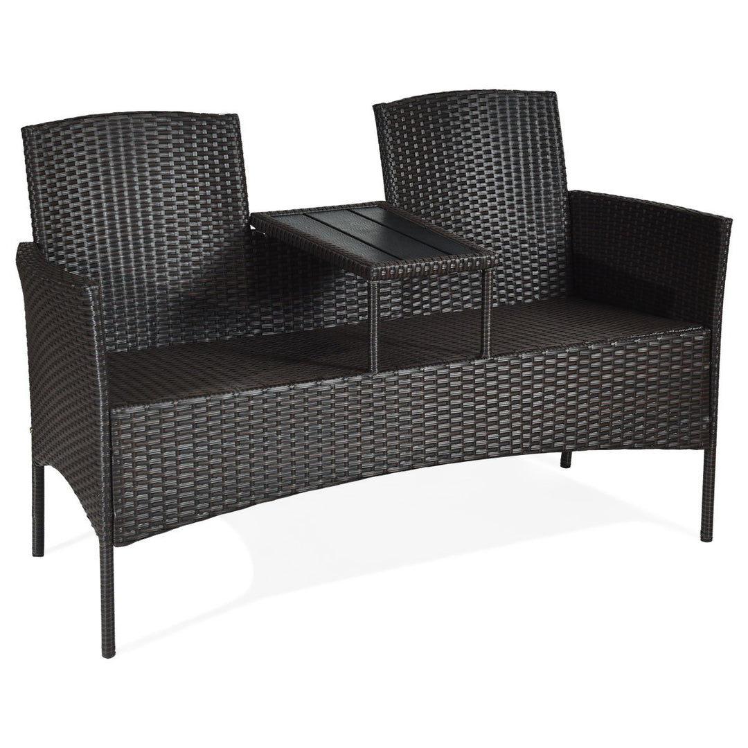 Patented Cushioned Rattan Wicker Patio Conversation Set w/ Loveseat Table Brown Image 10