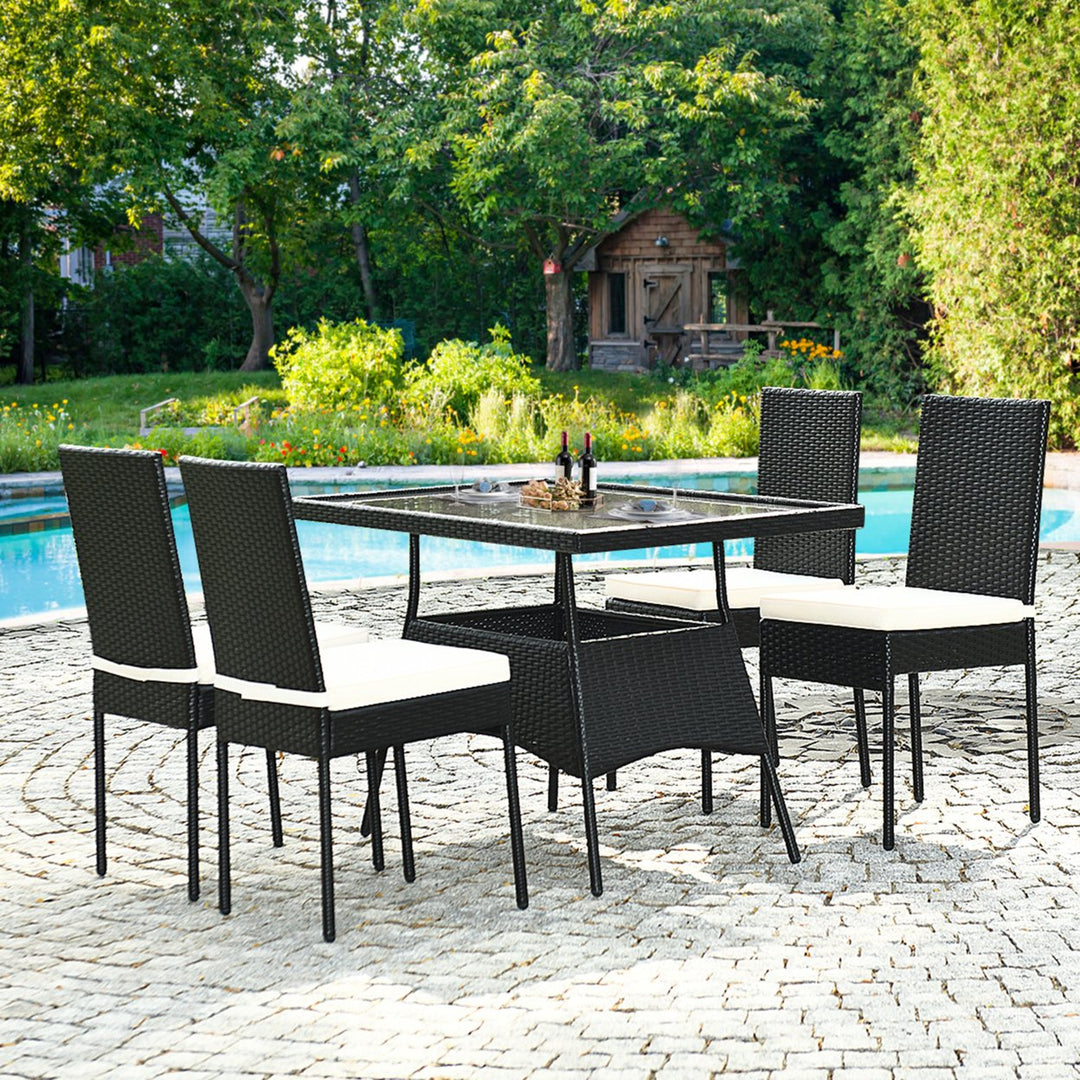 5PCS Patio Wicker Dining Set Outdoor Rattan Furniture Set w/ Cushion Image 5