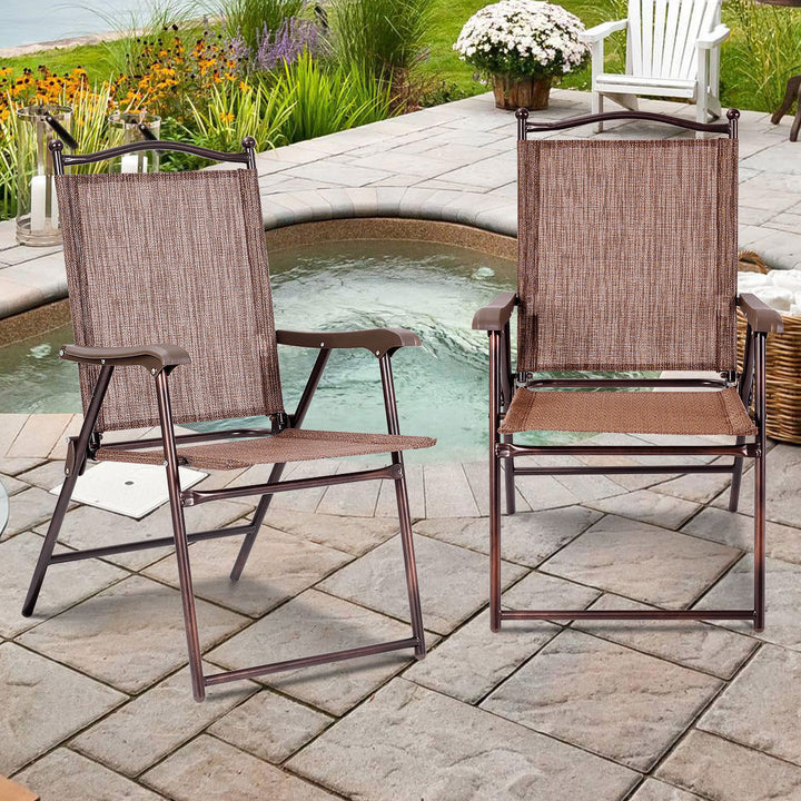 Set of 2 Folding Patio Furniture Sling Back Chairs Outdoors brown Image 1