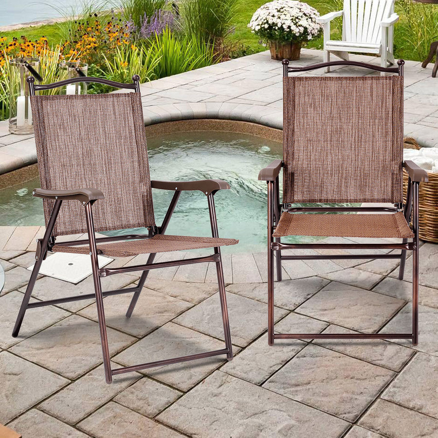 Set of 2 Folding Patio Furniture Sling Back Chairs Outdoors brown Image 1