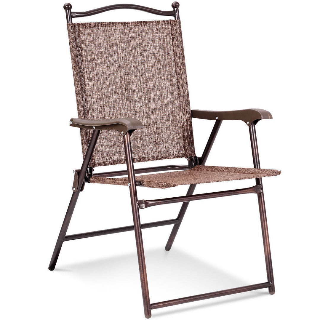 Set of 2 Folding Patio Furniture Sling Back Chairs Outdoors brown Image 4