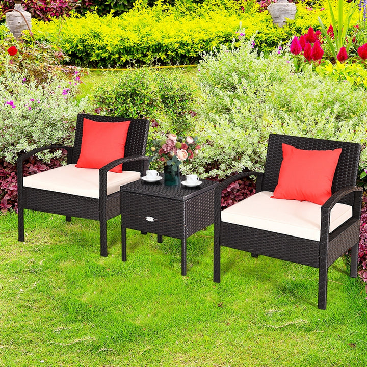 3PCS Rattan Patio Conversation Set Outdoor Furniture Set w/ Storage Table Image 4