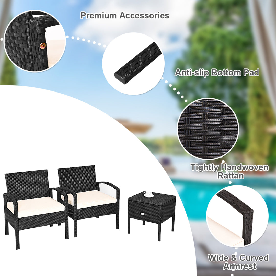 3PCS Rattan Patio Conversation Set Outdoor Furniture Set w/ Storage Table Image 8