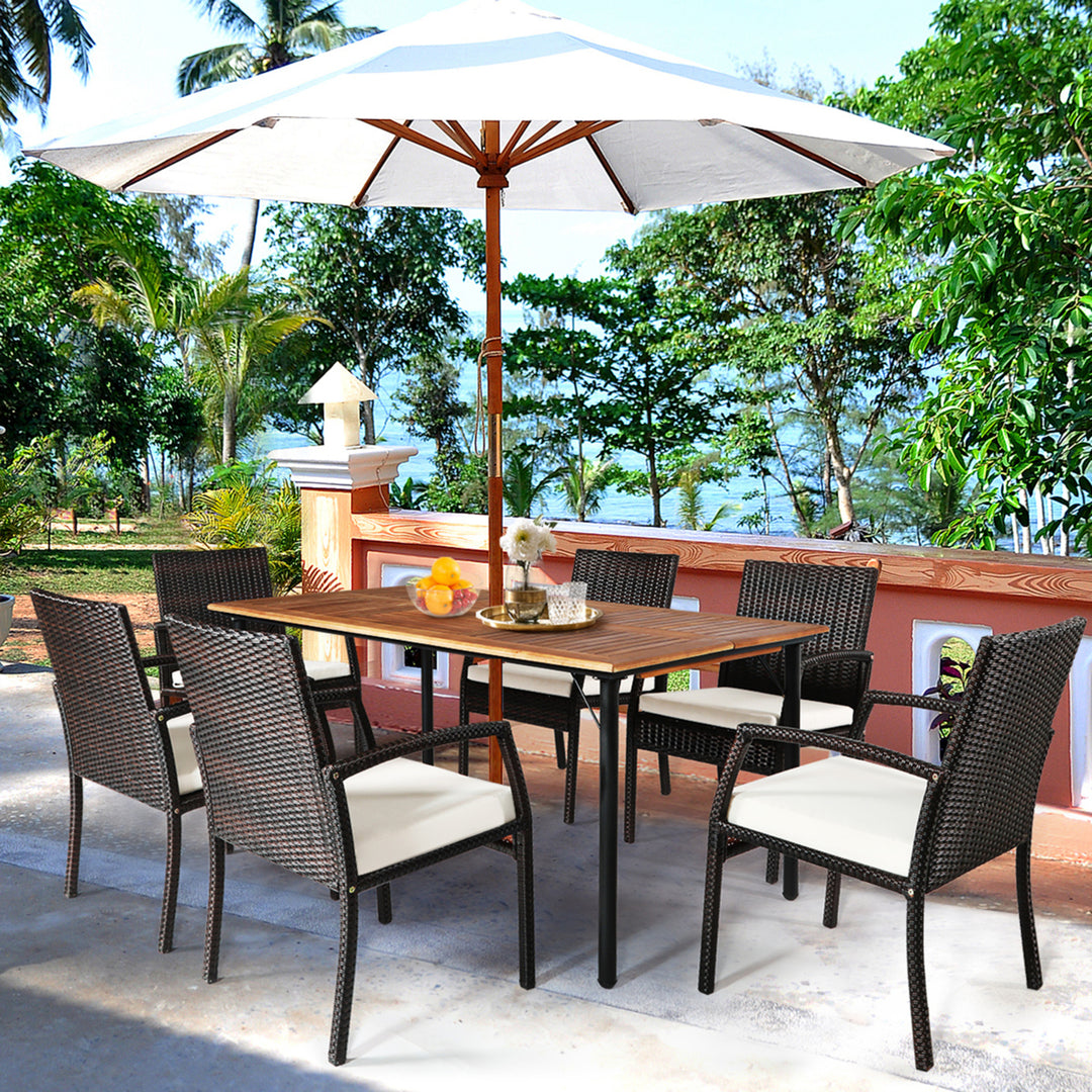 7PCS Patio Dining Furniture Set w/ Wooden Tabletop Cushion Umbrella Hole Image 1