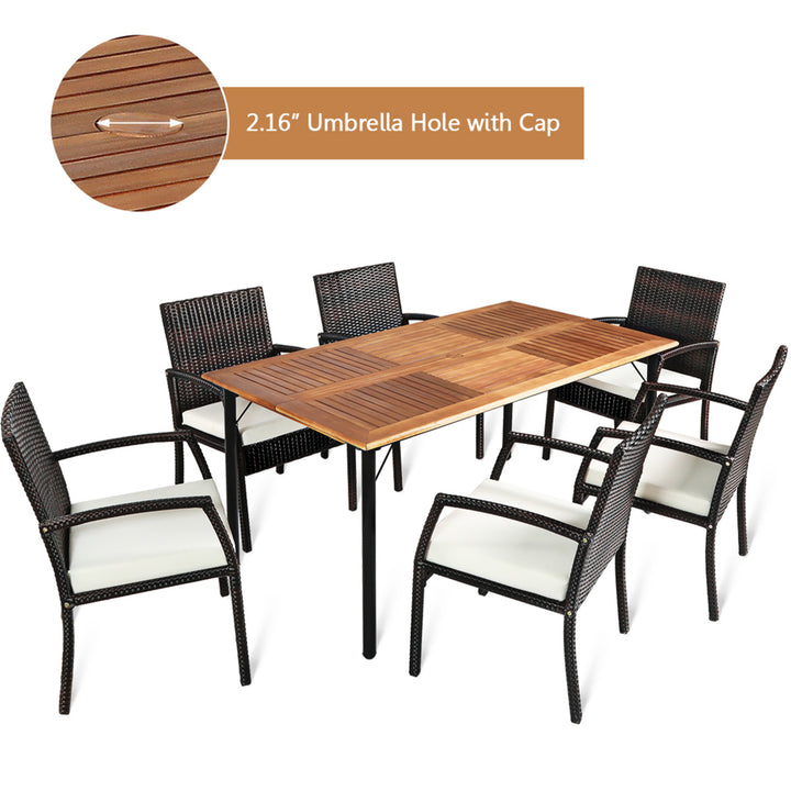 7PCS Patio Dining Furniture Set w/ Wooden Tabletop Cushion Umbrella Hole Image 5