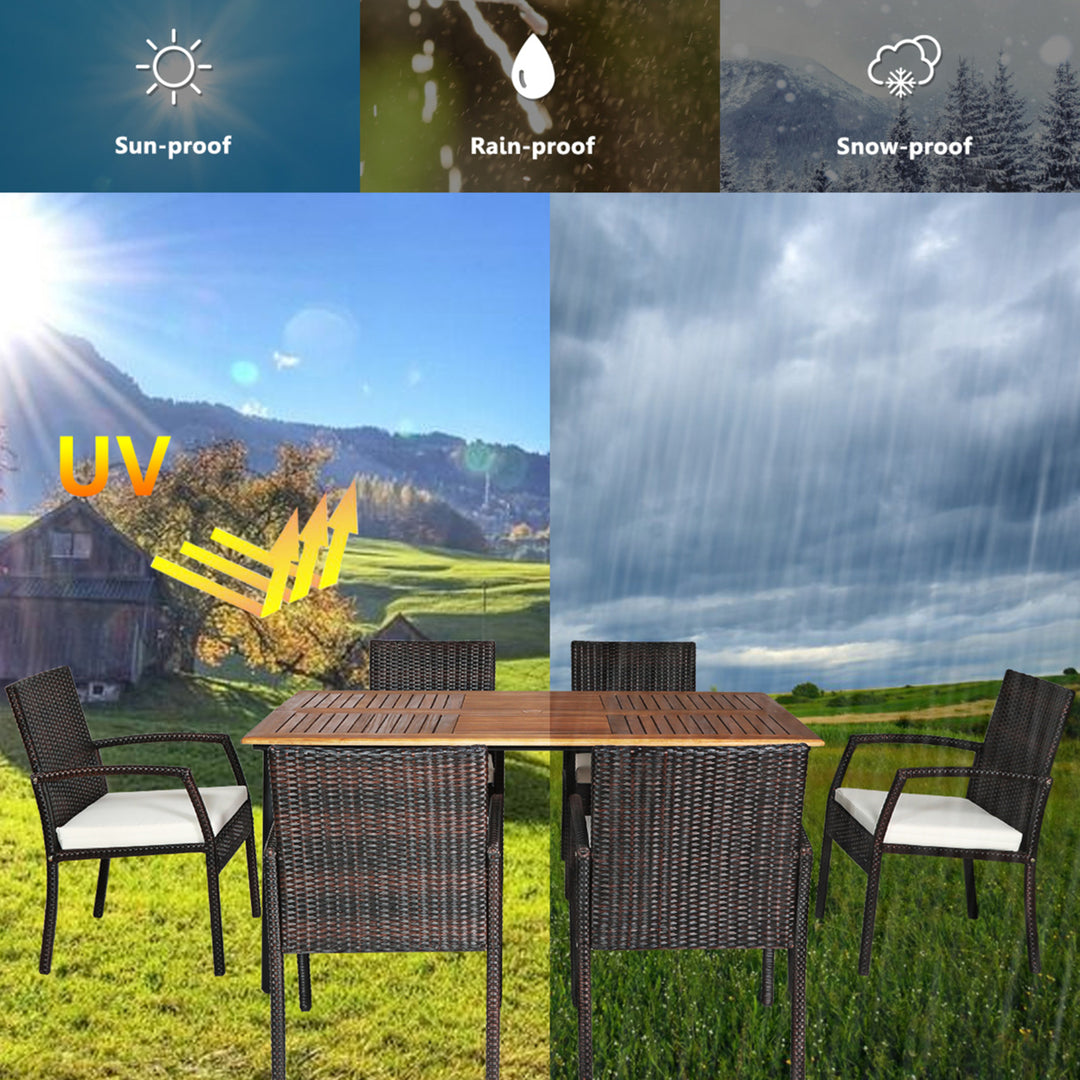 7PCS Patio Dining Furniture Set w/ Wooden Tabletop Cushion Umbrella Hole Image 8