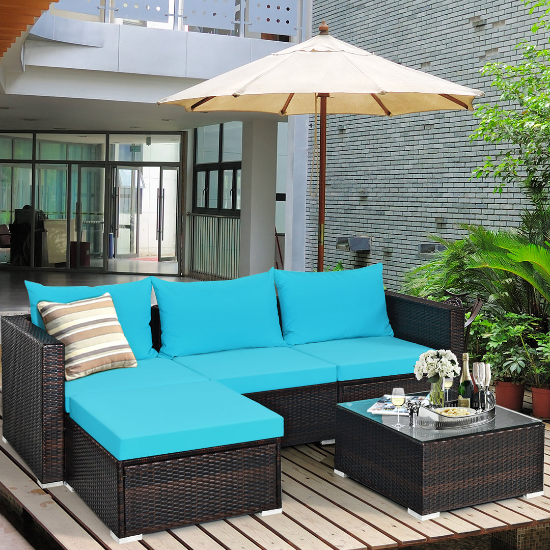 5PCS Cushioned Rattan Patio Conversation Set w/ Coffee Table Ottoman Image 3