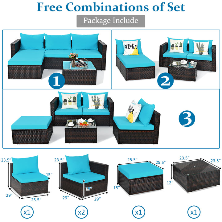 5PCS Cushioned Rattan Patio Conversation Set w/ Coffee Table Ottoman Image 6