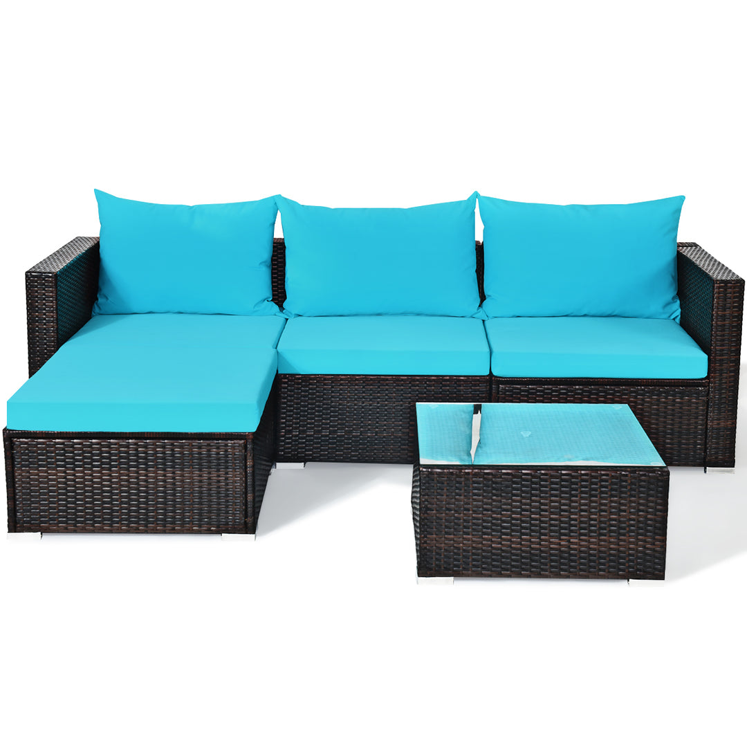 5PCS Cushioned Rattan Patio Conversation Set w/ Coffee Table Ottoman Image 5