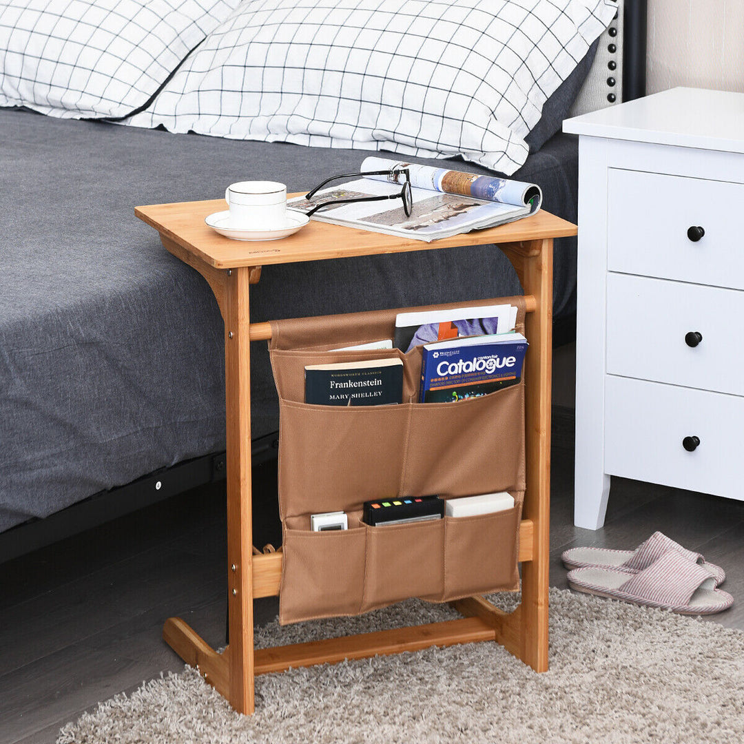 Bamboo Sofa Table Laptop Desk Coffee Snack End Table Bedside Table W/Storage Bag Image 3