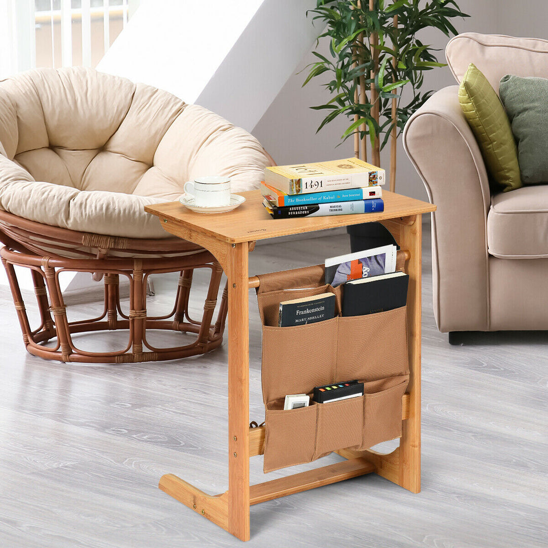 Bamboo Sofa Table Laptop Desk Coffee Snack End Table Bedside Table W/Storage Bag Image 4