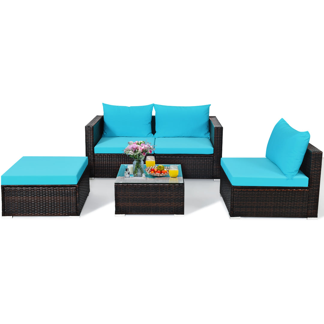 5PCS Cushioned Rattan Patio Conversation Set w/ Coffee Table Ottoman Image 2