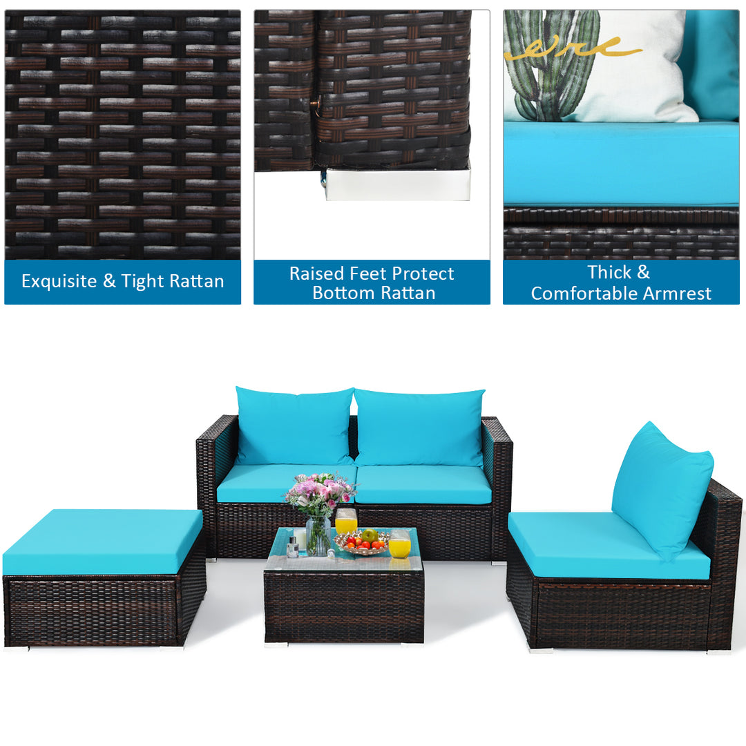 5PCS Cushioned Rattan Patio Conversation Set w/ Coffee Table Ottoman Image 8