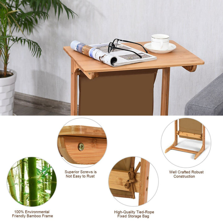 Bamboo Sofa Table Laptop Desk Coffee Snack End Table Bedside Table W/Storage Bag Image 8