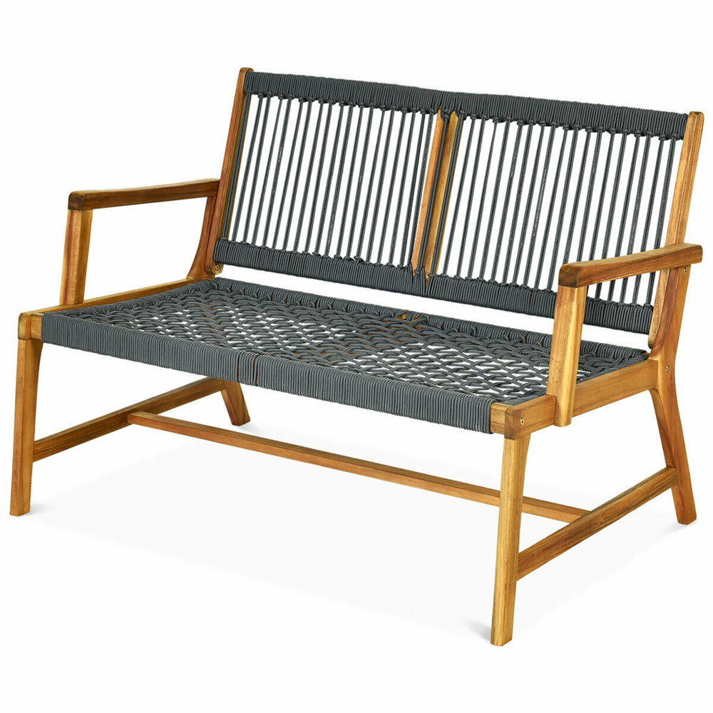 Wooden Rope Bench Loveseat Patio Garden Outdoor w/ Armrest and Backrest Image 2