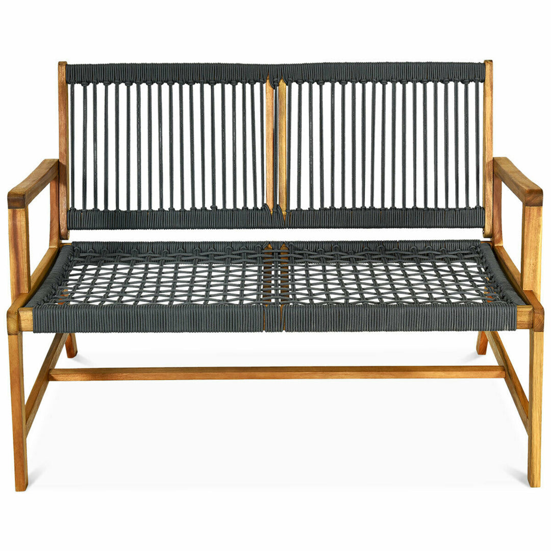 Wooden Rope Bench Loveseat Patio Garden Outdoor w/ Armrest and Backrest Image 4