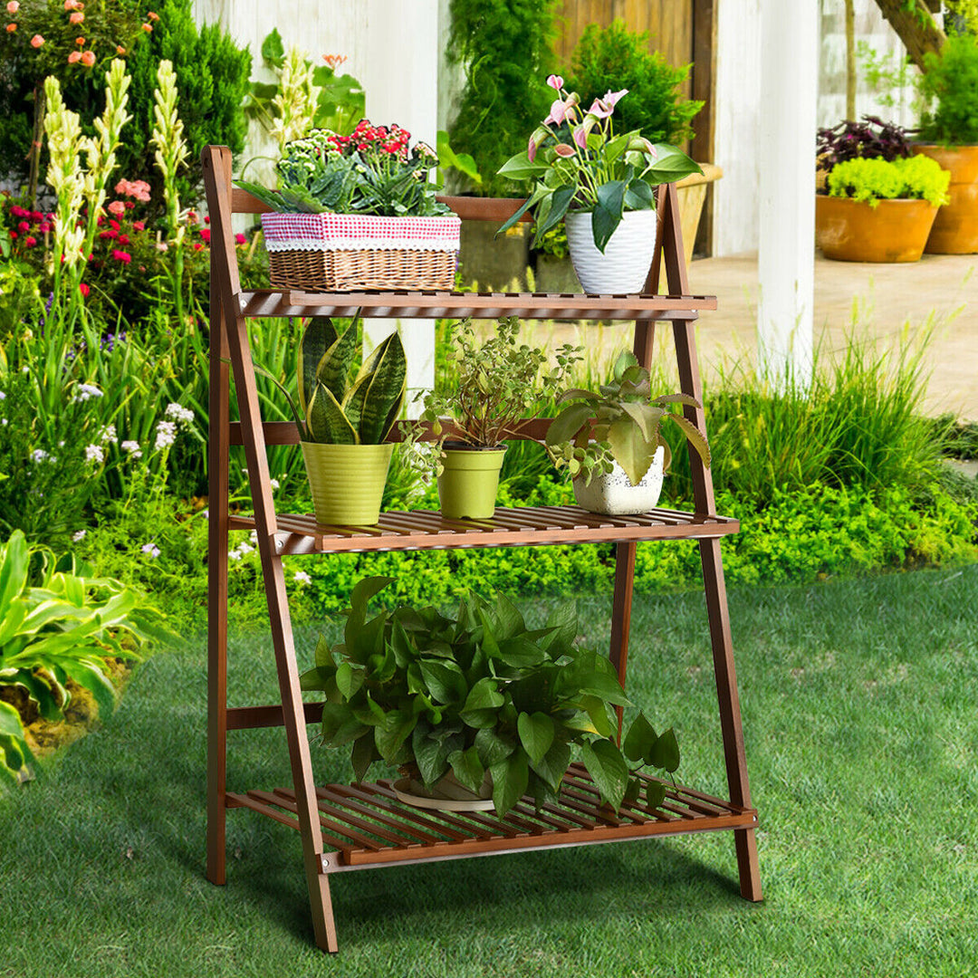 3 Tier Folding Shelf Stand Bamboo Flower Pot Display Rack Bookcase Organizer Image 7