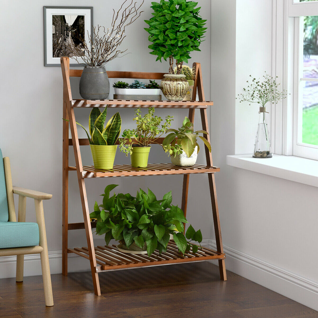 3 Tier Folding Shelf Stand Bamboo Flower Pot Display Rack Bookcase Organizer Image 8