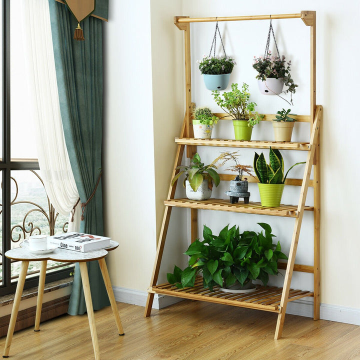 3 Tier Bamboo Hanging Folding Plant Shelf Stand Flower Pot Display Rack Bookcase Image 7