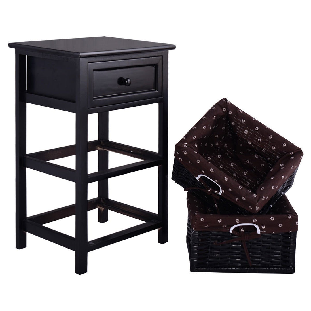 Set OF 2 Night Stand 3 Tier 1 Drawer Bedside End Table Organizer Wood W/2 Basket Image 6