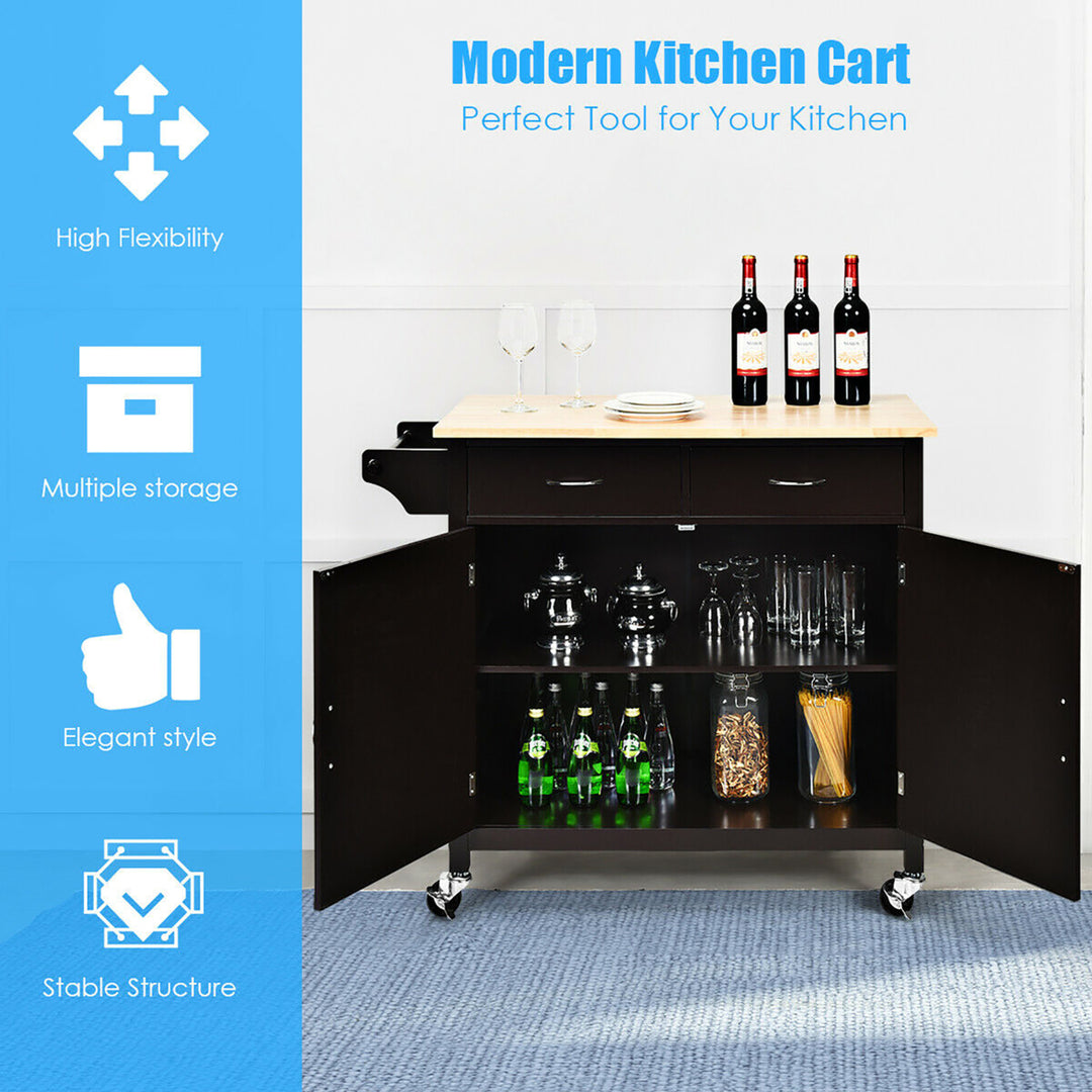 Modern Rolling Kitchen Cart Island Storage Trolley Cabinet Utility for Home Hotel Kitchen w/Solid Wood Top Image 6