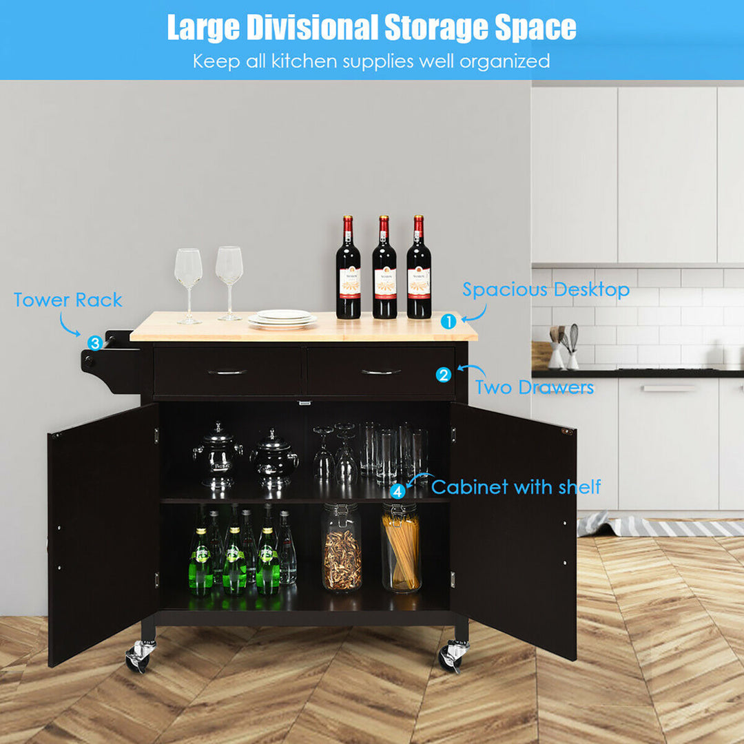 Modern Rolling Kitchen Cart Island Storage Trolley Cabinet Utility for Home Hotel Kitchen w/Solid Wood Top Image 8