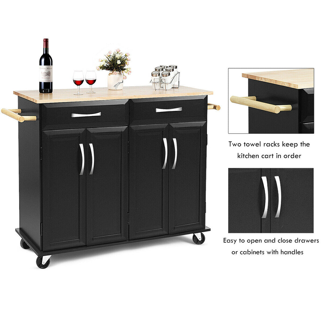 Rolling Kitchen Trolley Island Black Cart Wood Top Storage Cabinet Utility W/ Drawers Image 6