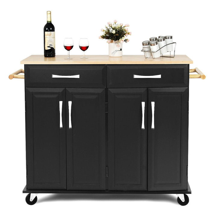 Rolling Kitchen Trolley Island Black Cart Wood Top Storage Cabinet Utility W/ Drawers Image 7